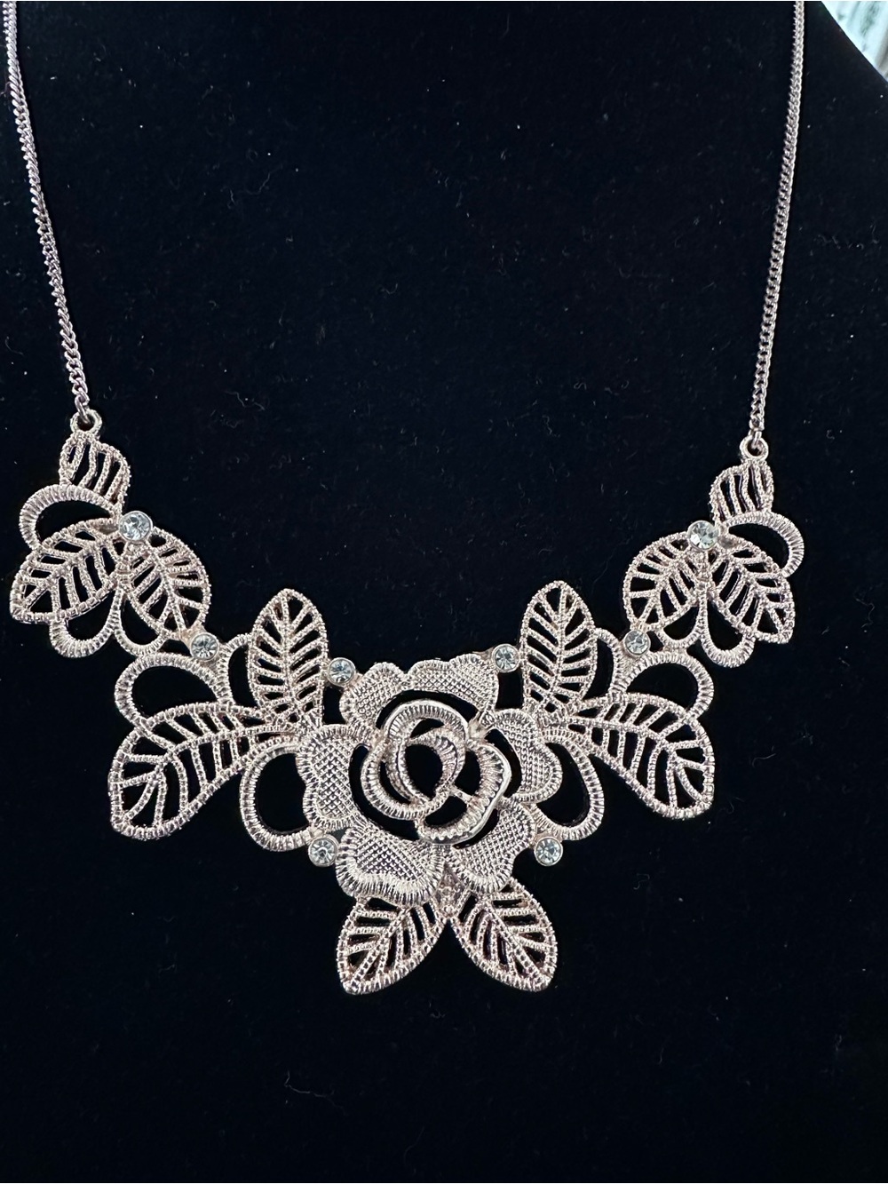 Delicate Rose Filigree Statement Necklace in goldtone